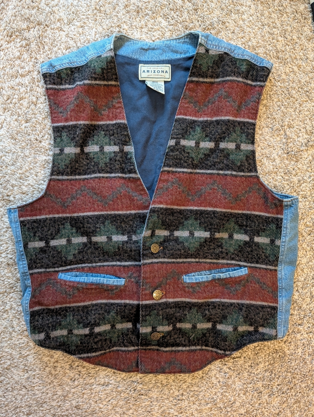 Vtg 90s Arizona Southwestern Pattern Vest in Rust, Olive & Black‎ Women's M Boho